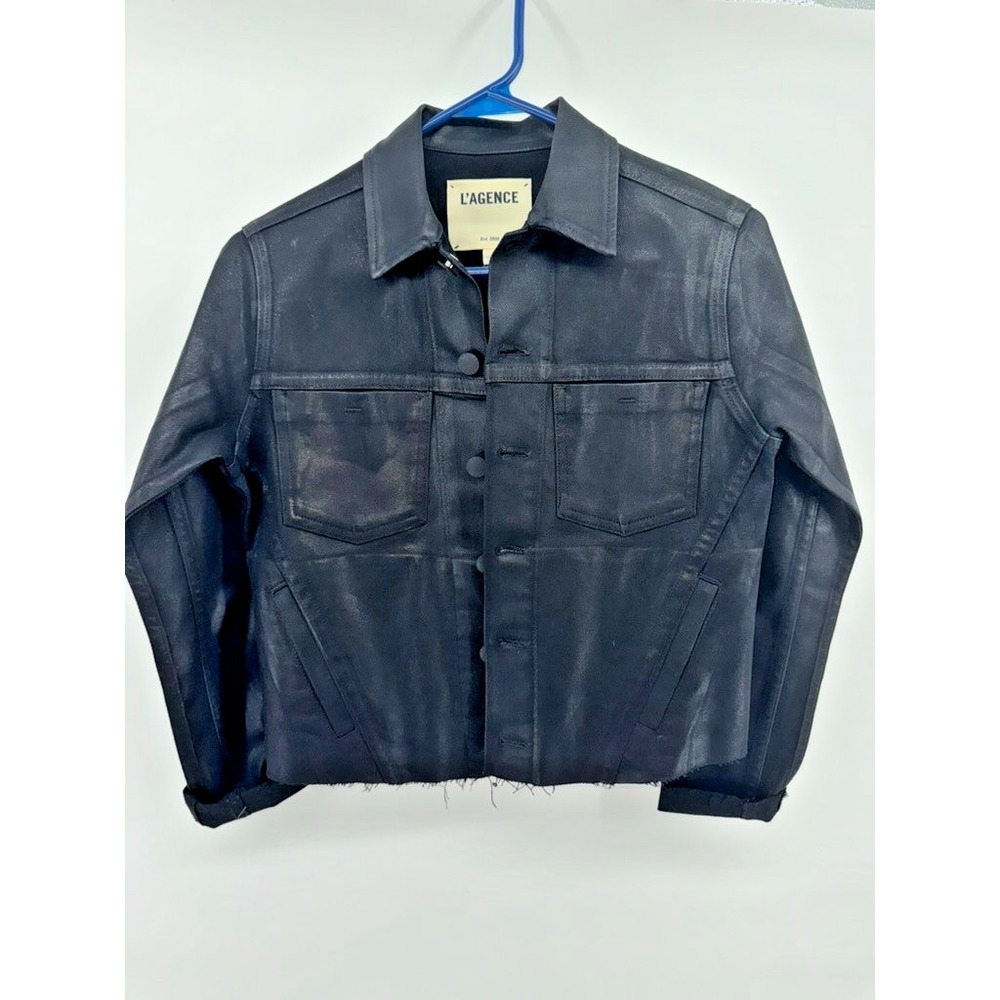 L'AGENCE Janelle Black Coated Denim Jacket XS Crop Raw Hem Trucker Stretch